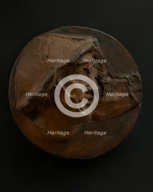 Cast of head of Roman soldier in helmet craning forward. Creator: Unknown.