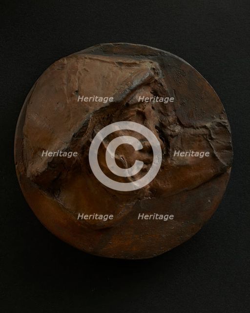 Cast of head of Roman soldier in helmet craning forward. Creator: Unknown.