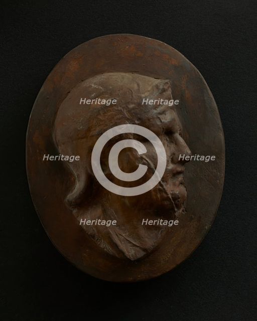 Cast of head of Roman soldier in helmet with bulging brow. Creator: Unknown.
