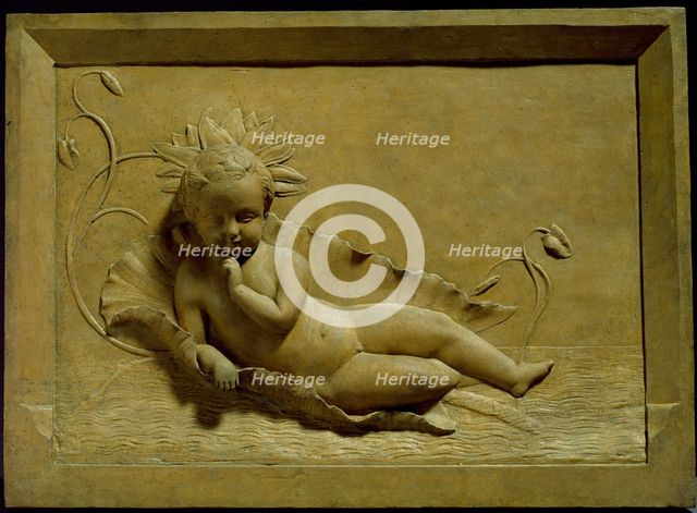 Cast of relief depicting putto on a lily pad. Creator: Unknown.