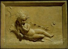 Cast of relief depicting putto on a lily pad. Creator: Unknown