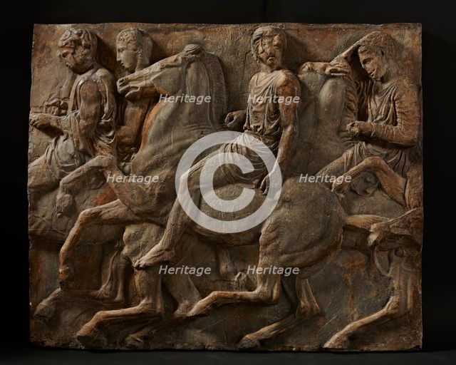 Cast of slab of riders from North frieze of Parthenon (figures 96-99, Slab XXXVI..., 19th century. Creator: Unknown.