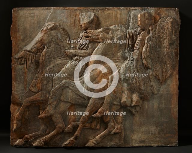 Cast of slab of riders from North frieze of Parthenon (figures 106-108, Slab XXXIX..., 19th century. Creator: Unknown.