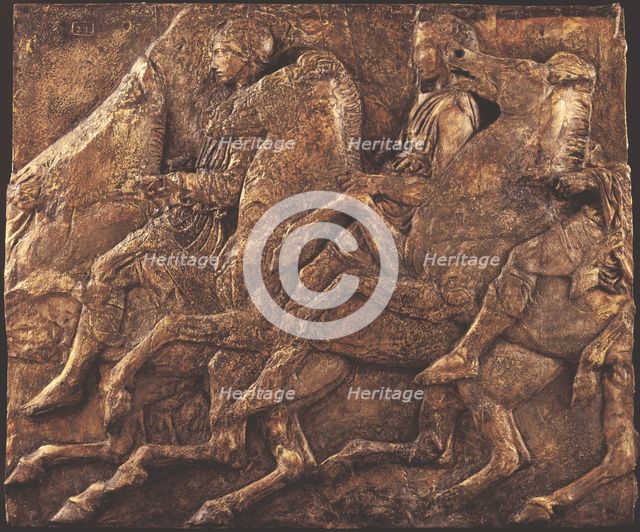 Cast of slab of riders from North frieze of Parthenon (figures 110-111, Slab XL..., 19th century. Creator: Unknown.