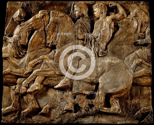 Cast of slab of riders from North frieze of Parthenon (figures 118-121, Slab XLIII..., 19th century. Creator: Unknown.