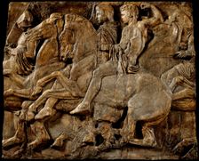 Cast of slab of riders from North frieze of Parthenon (figures 118-121, Slab XLIII..., 19th century. Creator: Unknown