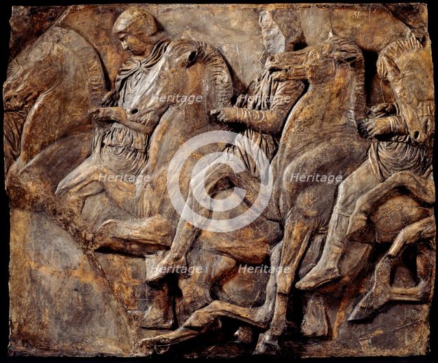 Cast of slab of riders from North frieze of Parthenon (figures 122-124, Slab XLIV..., 19th century. Creator: Unknown.