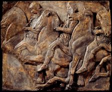Cast of slab of riders from North frieze of Parthenon (figures 122-124, Slab XLIV..., 19th century. Creator: Unknown