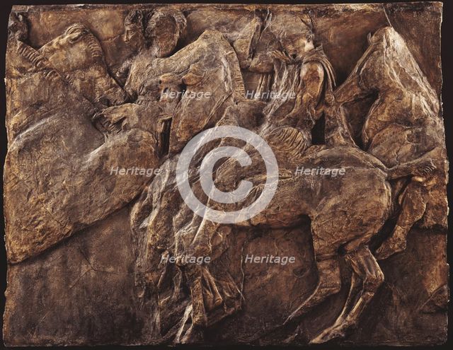 Cast of slab of riders from North frieze of Parthenon (figures 125-127, Slab XLV=Michaelis XL). Creator: Unknown.