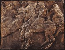 Cast of slab of riders from North frieze of Parthenon (figures 125-127, Slab XLV=Michaelis XL). Creator: Unknown