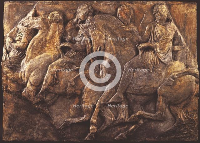 Cast of slab of riders from North frieze of Parthenon (figures 128-131, Slab XLVI..., 19th century. Creator: Unknown.