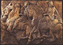 Cast of slab of riders from North frieze of Parthenon (figures 128-131, Slab XLVI..., 19th century. Creator: Unknown