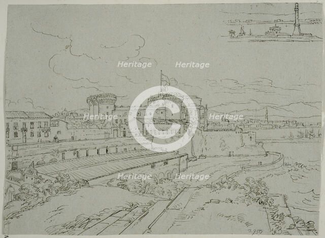 Castel Nuovo in Naples, and a sketch of the lighthouse. Creator: Adriaen Honing.