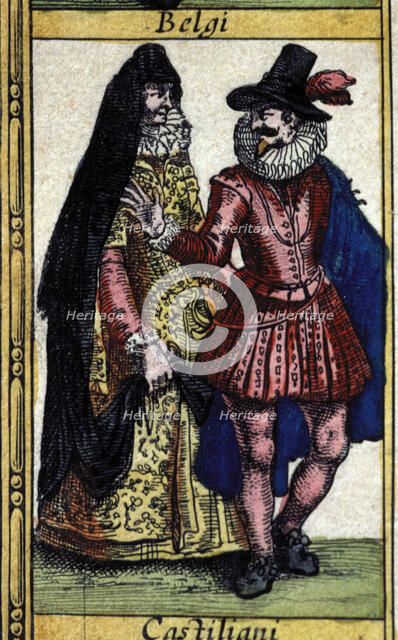 Castilians types, colored engraving from the book 'Le Theatre du monde' or 'Nouvel Atlas', 1645, …