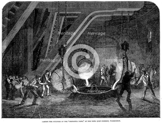 'Casting the cylinder of the 'Britannia Press' at the Bank Quay Foundry, Warrington', 1851. Artist: Unknown