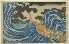 Casting a Mantra on the Waves at Kakuta on His Exile to Sado Island (Sashu rukei..., c. 1830/35. Creator: Utagawa Kuniyoshi