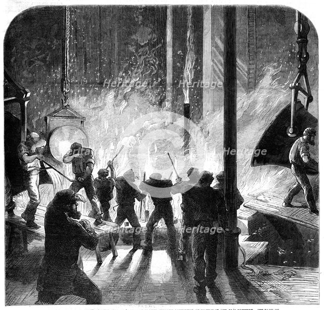 Casting a monster cylinder for Her Majesty's armour-plated frigate Agincourt at Maudslay..., 1862. Creator: Unknown.