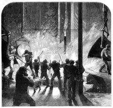 Casting a monster cylinder for Her Majesty's armour-plated frigate Agincourt at Maudslay..., 1862. Creator: Unknown