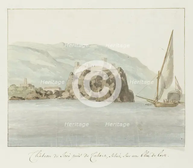 Castle of Aci Castello on a lava rock off the coast of Catania, 1778. Creator: Louis Ducros.