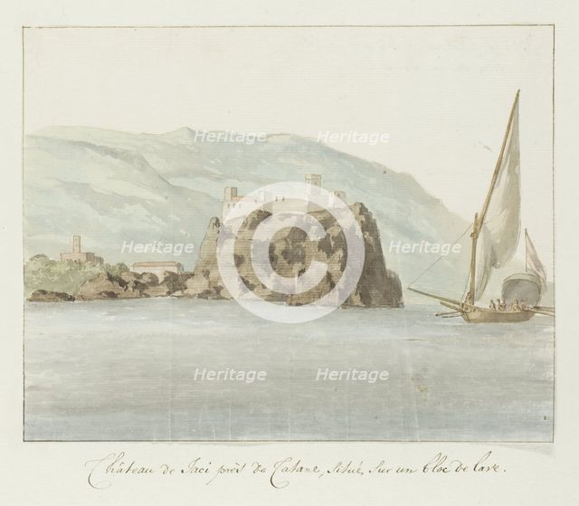Castle of Aci Castello on a lava rock off the coast of Catania, 1778. Creator: Louis Ducros.