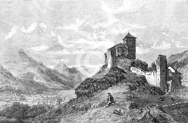 "Castle and Church of St. Valerie, Sion, Canton Valais" - painted by G. C. Stanfield..., 1856.  Creator: Unknown.