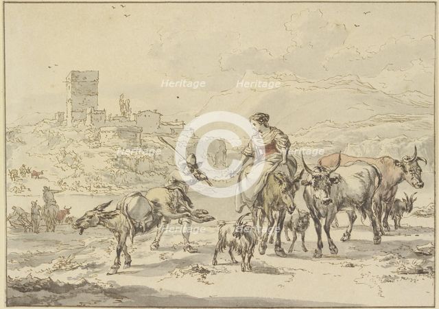 Castle ruins by a river, in the foreground a shepherdess on a donkey with cows and goats... Creator: Jan Frans Soolmaker.