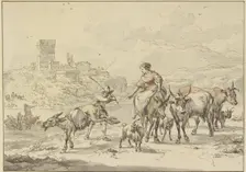 Castle ruins by a river, in the foreground a shepherdess on a donkey with cows and goats... Creator: Jan Frans Soolmaker