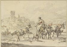 Castle ruins by a river, in the foreground a shepherdess on a donkey with cows and goats... Creator: Jan Frans Soolmaker