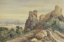 Castle ruins, in the foreground two men on a bridge. Creator: Jean Joseph Bonaventure Laurens