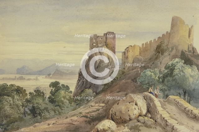 Castle ruins, in the foreground two men on a bridge. Creator: Jean Joseph Bonaventure Laurens.