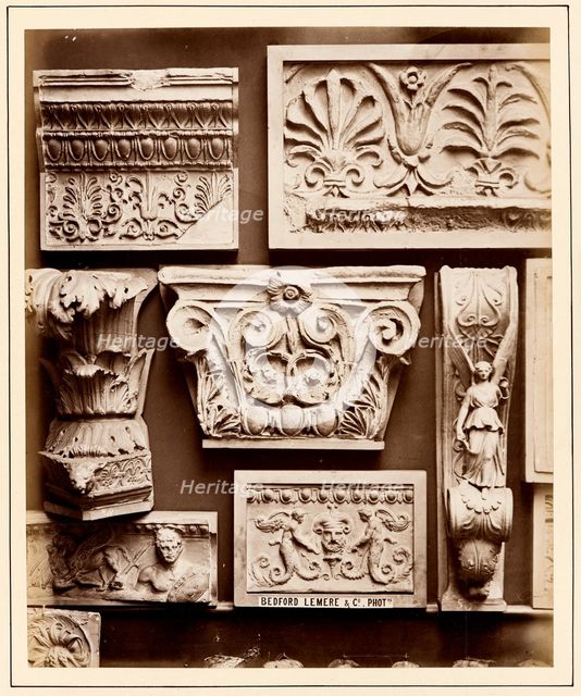 Casts of frieze from Erechtheum, Roman honeysuckle, Greek pilaster capital, corbel with..., 1876. Creator: Bedford Lemere and Company.