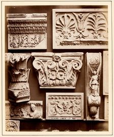 Casts of frieze from Erechtheum, Roman honeysuckle, Greek pilaster capital, corbel with..., 1876. Creator: Bedford Lemere and Company