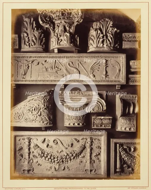 Casts of frieze from temple of Neptune, Capitol, quadriga of Vatican, capital from..., 1876. Creator: Bedford Lemere and Company.