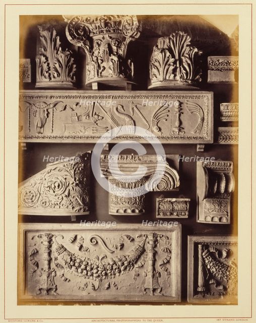 Casts of frieze from temple of Neptune, Capitol, quadriga of Vatican, capital from..., 1876. Creator: Bedford Lemere and Company.