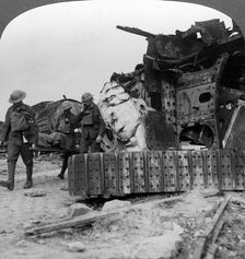 Casualties from the front pass destroyed tanks, Villers-Bretonneux, France, World War I, 1918.Artist: Realistic Travels Publishers