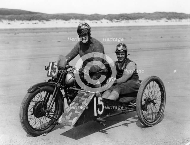 CE Edwards on a Brough Superior, Pendine Sands, Carmarthenshire, Wales, (c1920s?). Artist: Unknown