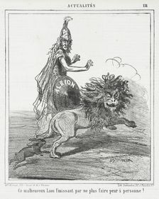 Ce malheureux lion finissant par ne plus faire peur à personne!, 1864. Creator: Cham