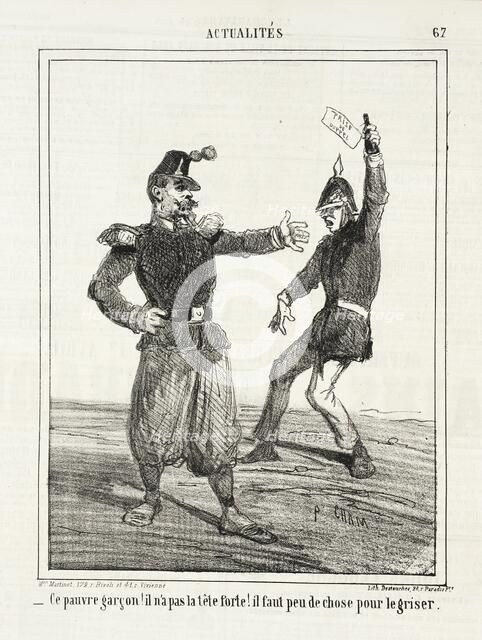 Ce pauvre garçon! Il n'a pas la tête forte! Il faut peu de chose pour le griser. 1864. Creator: Cham.
