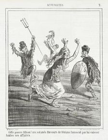 Cette pauvre Albion! Ces satanés farceurs de fénians finissent par lui enlever toutes..., 1866. Creator: Cham