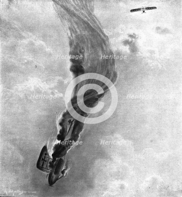 ''Ceux de l'air et ceux de la route; Un Aviatik, abattu par Garros 1er avril 1915, desend..., 1915. Creator: Matignon.