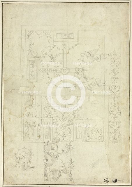 Ceiling Design, with Sketches of Ornamental Border, Helmeted Head (recto); Sketches..., n.d. Creators: School of Giovanni da Udine, called Giovanni dei Ricamatori, School of Perino del Vaga.