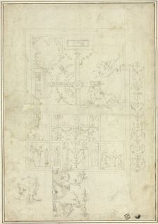 Ceiling Design, with Sketches of Ornamental Border, Helmeted Head (recto); Sketches..., n.d. Creators: School of Giovanni da Udine, called Giovanni dei Ricamatori, School of Perino del Vaga