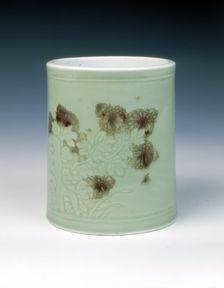 Celadon brushpot with underglaze red floral decoration, Qing dynasty, China, 1662-1722. Creator: Unknown