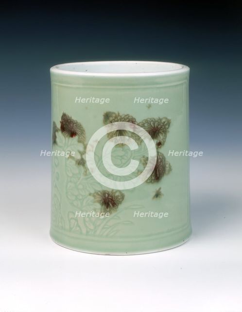 Celadon brushpot with underglaze red floral decoration, Qing dynasty, China, 1662-1722. Creator: Unknown.