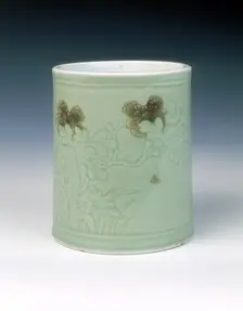 Celadon brushpot with underglaze red floral decoration, Qing dynasty, China, 1662-1722. Creator: Unknown