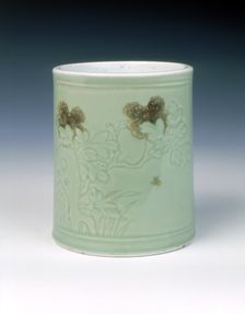Celadon brushpot with underglaze red floral decoration, Qing dynasty, China, 1662-1722. Creator: Unknown