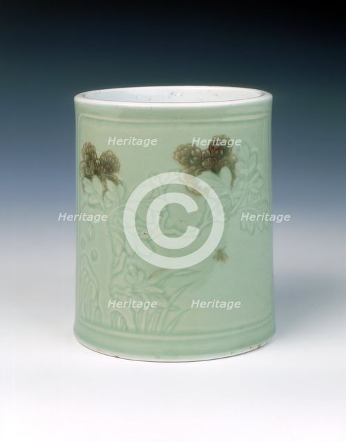 Celadon brushpot with underglaze red floral decoration, Qing dynasty, China, 1662-1722. Creator: Unknown.