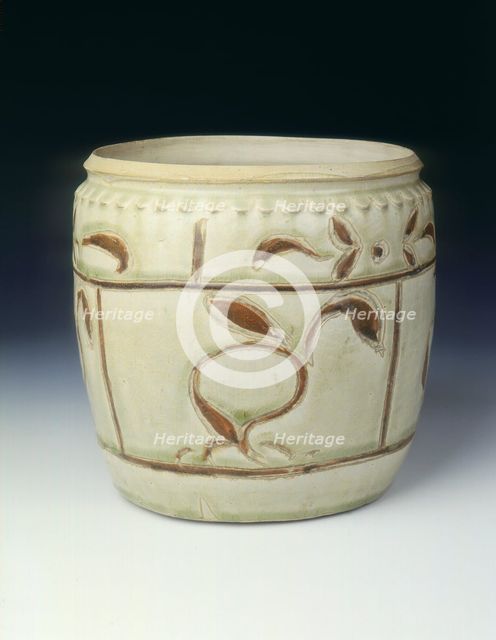 Celadon jar with floral decoration in brown slip, Thanh-hoa type, Ly dynasty, Vietnam, 12th century. Creator: Unknown.