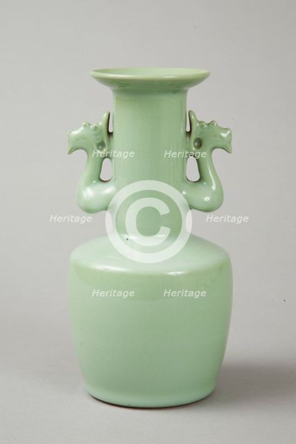 Celadon mallet vase with phoenix's head handles, 20th century. Creator: Suwa Sozan.