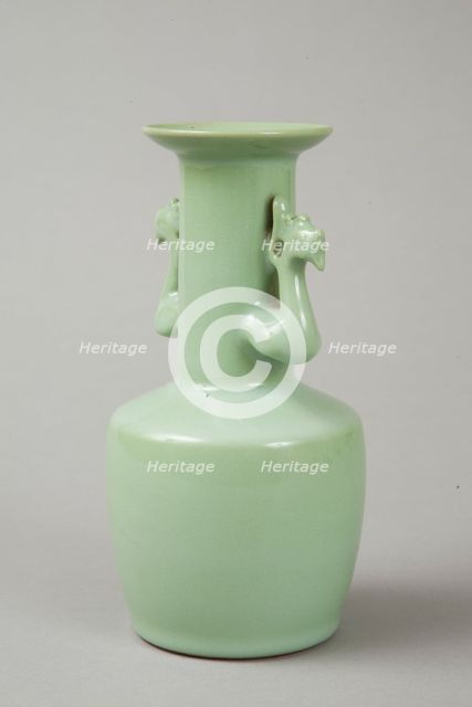Celadon mallet vase with phoenix's head handles, 20th century. Creator: Suwa Sozan.